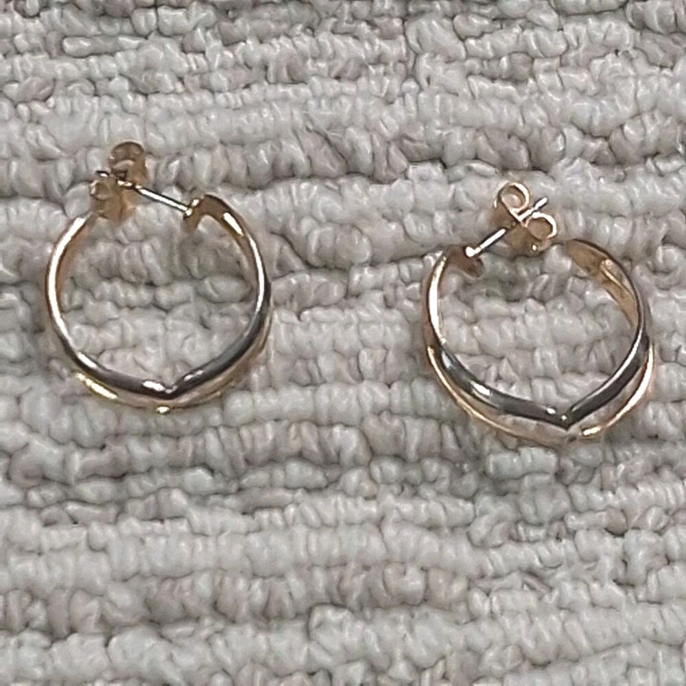 WOMENS TWO TONE GOLD SILVER HOOP EARRINGS DOUBLE ROW V SHAPE STUD PIERCED...